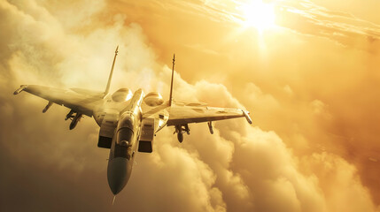 Aircraft fighter jets smoke the background of sky and sun