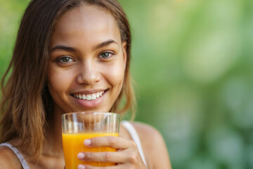 Portrait of a happy beautiful African American girl drinking fresh orange juice on a blurred green background with copy space