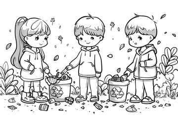 Three children are picking up trash in a park. Scene is positive and encouraging, as the children are taking action to keep the environment clean