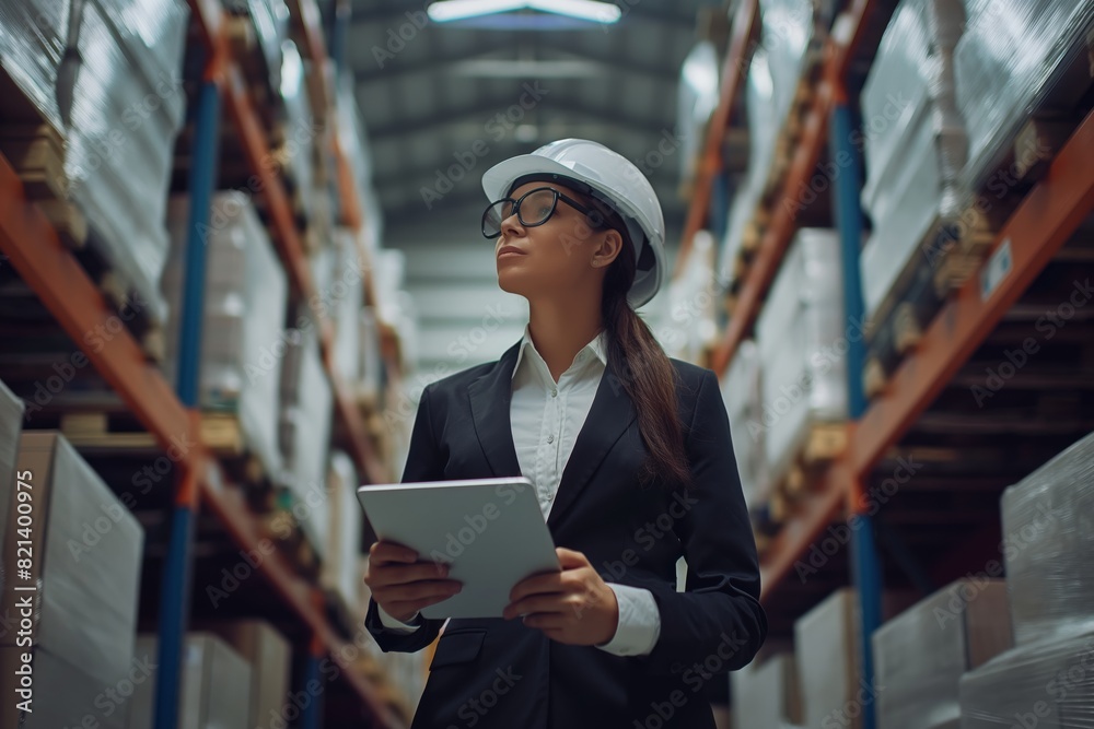 Poster A female engineer is meticulously checking inventory in a warehouse, using a digital tablet for efficient logistics and supply chain management. Its a modern approach to streamline operations