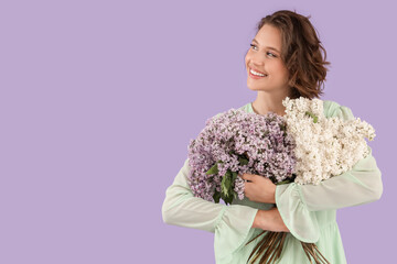 Beautiful young woman with bouquet of blooming lilac flowers on color background