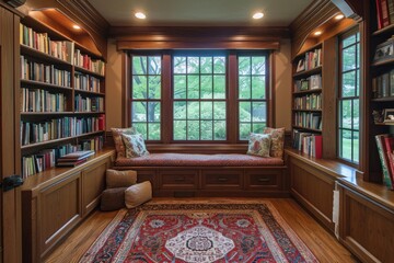 A cozy reading nook with built-in bookshelves