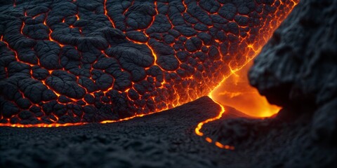 close-up of molten lava flowing from a volcano. The lava is bright orange and has a rough texture.