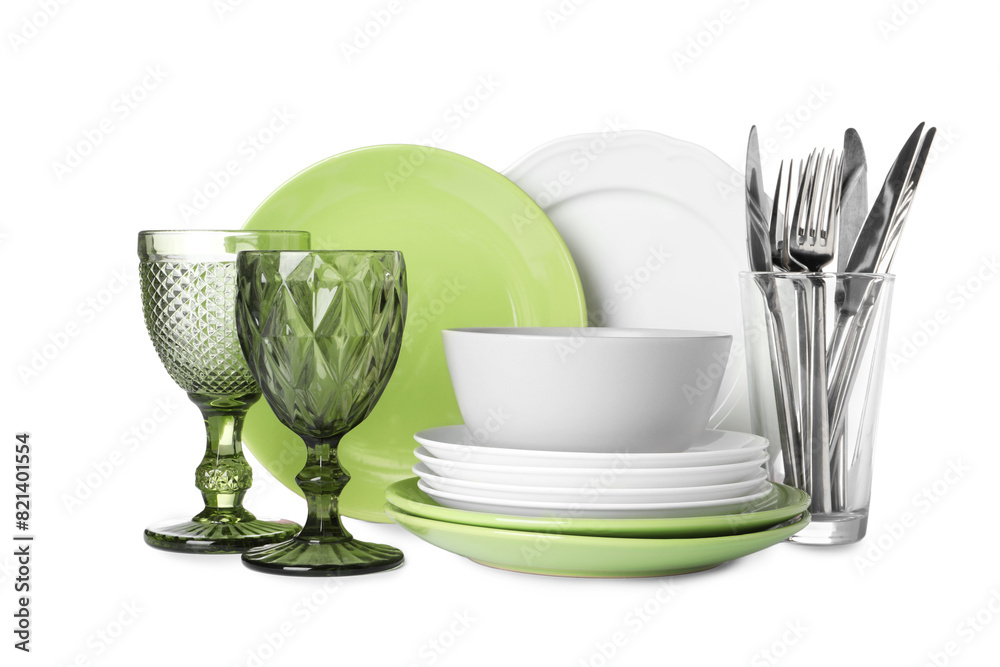 Wall mural Set of beautiful ceramic dishware, glasses and cutlery isolated on white