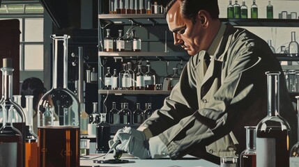 Scientist working in a laboratory with microscope and flasks