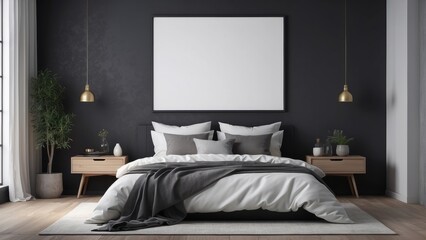 cozy bedroom with one blank poster frame, empty dark texture wall background