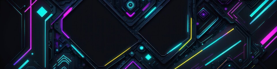 The abstract background features a cyberpunk aesthetic, with a sense of depth and movement through a tunnel illuminated by radiant neon colors.