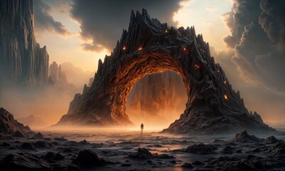 surreal rock formation with an opening in the middle, resembling a portal.