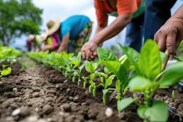 Agricultural workers planting seedlings in a farm