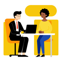 a business white woman is making a job interview to a  black man sitting in a yellow office