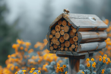 An isolated image of a bee hotel against a soft, earthy background, highlighting efforts to protect pollinators and biodiversity. Generative Ai.