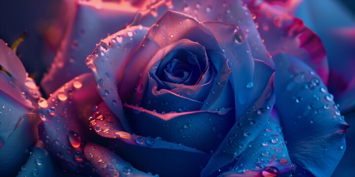 Closeup of the rose petals glowing in neon blue and pink, covered in delicate water droplets, creating a vibrant effect.