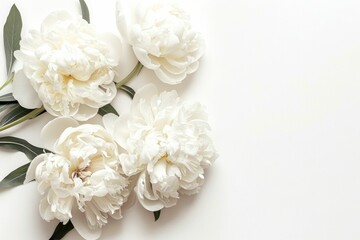White peony flowers on white background with copy space, flat lay, top view tranquil beauty of nature in bloom