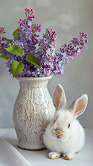Bunny Beside a Vase of Lilacs, A fluffy white rabbit sits beside a vase of purple lilacs on a white surface.