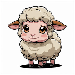 **** A cute cartoon sheep with big brown eyes, rosy cheeks, and a fluffy cream-colored coat stands against a white background. The sheep's ears are light brown and pink inside, and it has a small...