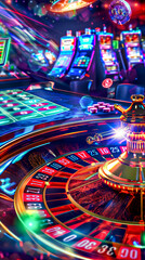 Roulette Wheel and Casino Games in Neon Glow, A vibrant scene of a roulette wheel in the foreground, surrounded by slot machines and card tables bathed in neon light.