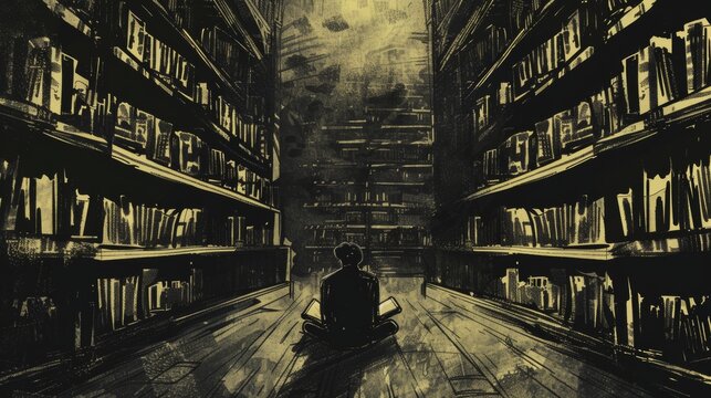 Silhouette of a man reading in a dark library with red books