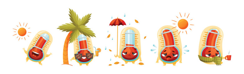 Cartoon Thermometer Character in Different Pose and Action Vector Set