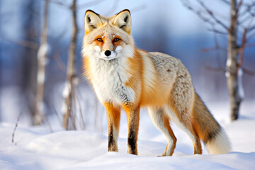 Majestic Red Fox in Winter Wonderland, A majestic red fox with a thick fur coat stands alert in a snowy forest.