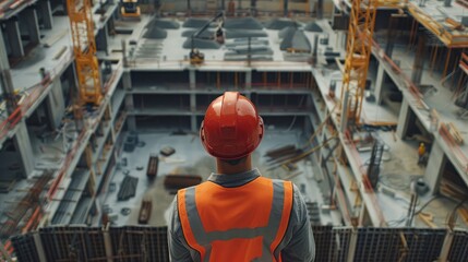 Fototapeta premium Elevated shot of engineer in hard hat assessing construction site layout and logistics.