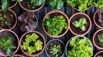 Elevated view of a balcony garden filled with potted lettuce plants, a convenient homegrown salad supply from a high angle.