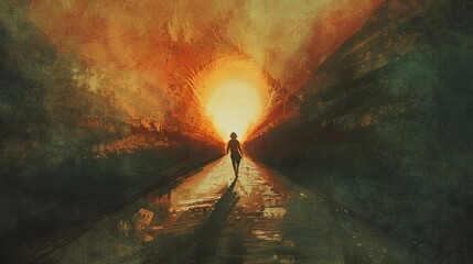 Silhouette of a man walking towards a cosmic sky