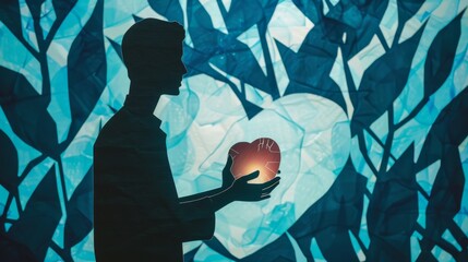 Silhouette of woman holding broken heart in floral background for romance or emotional themed designs