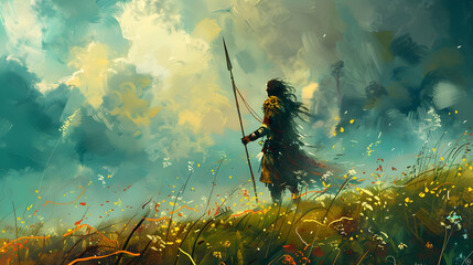 ancient warrior with the magic spear standing in the meadow, digital art style, illustration painting - Powered by Adobe