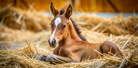 Portrait of a thoroughbred colt . Newborn horse. The beautiful foal is lying in the straw. Sunny...