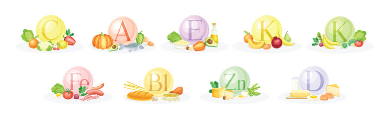 Food Group and Vitamin Category of Macro and Micronutrient Vector Set