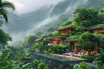 A luxurious resort nestled amidst lush tropical foliage, offering panoramic views of pristine landscapes. Concept of exotic retreat and indulgence. Generative Ai.
