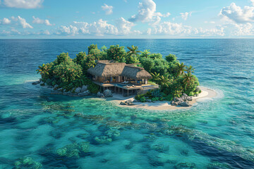 A secluded island hideaway accessible only by boat, surrounded by untouched coral reefs and teeming marine life. Concept of remote escapism and natural beauty. Generative Ai.