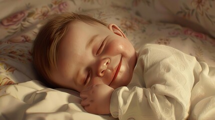 Obraz premium Sleeping baby girl in a white bed for children's themed designs