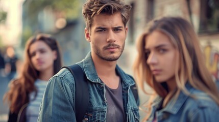 young man with two young woman, love triangle, outdoors shot