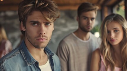 Fototapeta premium young man with two young woman, love triangle, outdoors shot