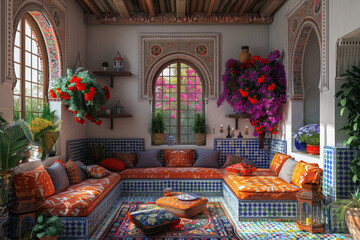 A traditional Moroccan riad adorned with colorful tiles and ornate furnishings, offering an authentic cultural experience. Concept of Arabian hospitality and elegance. Generative Ai.