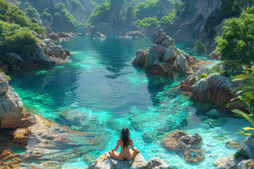 A tranquil lagoon surrounded by towering limestone cliffs, providing a serene setting for swimming and snorkeling. Concept of hidden oasis and aquatic bliss. Generative Ai.