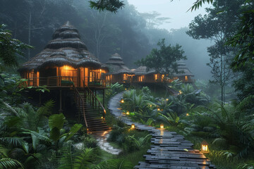 A secluded eco-resort tucked away in a pristine rainforest, offering sustainable accommodations amidst nature. Concept of eco-friendly travel and conservation tourism. Generative Ai.
