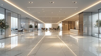Modern corporate office lobby featuring sleek marble floors, ambient lighting, glass walls, and comfortable seating areas with elegant decor
