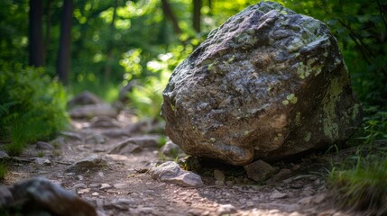 A large boulder resting on the trail requiring hikers to carefully navigate around it much like particles interacting with the Higgs field.