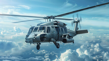 American utility helicopter Sikorsky UH-60 Black Hawk, isolated, sky background. Twin-engine military helicopter with M240 machine guns, air-to-ground missiles, Hydra rockets, bombs. Nato air force 3D