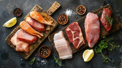 High-angle view of fresh fish fillets, pork chops, and beef steaks on wooden cutting boards, a gourmet meat selection from above.