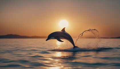 Fototapeta premium dolphin jumping on the surface of the water at sunset in the ocean 
