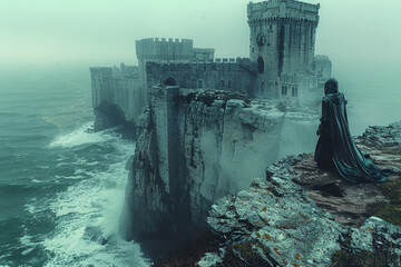 A historic castle perched on a rugged cliff overlooking the crashing waves of the ocean below. Concept of medieval charm and coastal grandeur. Generative Ai.
