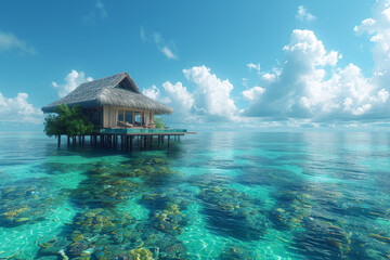 A luxurious overwater bungalow perched above a pristine coral reef, offering uninterrupted views of the turquoise sea. Concept of overwater indulgence and aquatic serenity. Generative Ai.