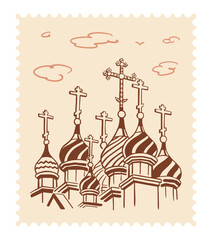 Orthodox domes with crosses on the temple. Orthodox religion. Postage Stamp. Vector illustration