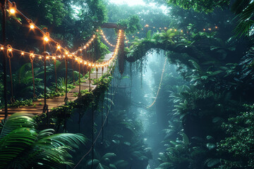 A tropical rainforest canopy walkway suspended high above the forest floor, providing a unique perspective on lush biodiversity. Concept of elevated adventure and ecological immersion. Generative Ai.