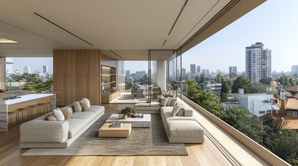 A luxurious and modern open concept living room with floor-to-ceiling windows offering a panoramic view of a bustling city skyline and stylish interior decor