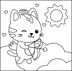 Coloring page. Cupid cat in the sky. Black and white angel. Vector