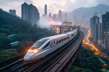 A high-speed train gliding along elevated tracks, connecting cities and regions with efficient rail...